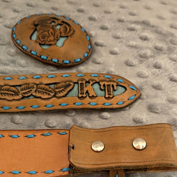 Hand Tooled Leather Belt Brown Leather w removable leather rose 🌹 buckle - Picture 13 of 14